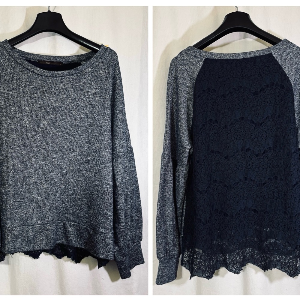 Anthropologie Azel Hazel Haze Lace Back 1/2 Balloon Sleeve Blue Top SZ Lg